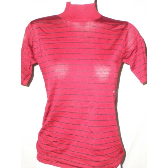 Gianni Womens Red Black Striped Mock Neck Short Sleeve Shirt Size Petite Medium - Picture 5 of 6
